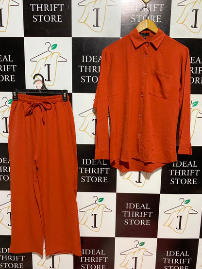 THE FITTIRE |M| A5| RUST ORANGE 2-PIECE CO-ORD SET - LONG-SLEEVE BUTTON-DOWN SHIRT & DRAWSTRING TROUSERS