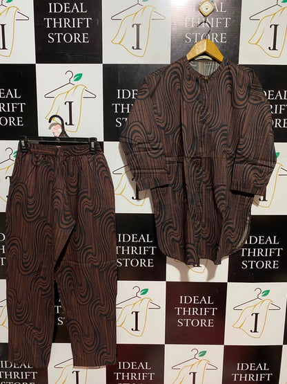 KHAADI |S| A5| BROWN ABSTRACT PRINT 2-PIECE CO-ORD SET - LONG TUNIC & MATCHING TROUSERS