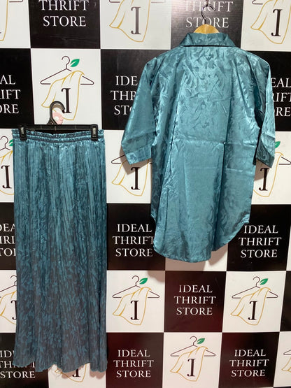 ANGELINA |M| A5| TEAL BLUE JACQUARD SATIN 2-PIECE CO-ORD SET - COLLARED SHIRT & PLEATED WIDE-LEG TROUSERS