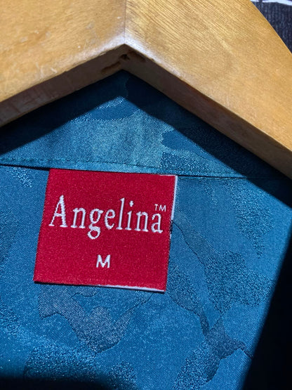 ANGELINA |M| A5| TEAL BLUE JACQUARD SATIN 2-PIECE CO-ORD SET - COLLARED SHIRT & PLEATED WIDE-LEG TROUSERS