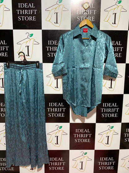ANGELINA |M| A5| TEAL BLUE JACQUARD SATIN 2-PIECE CO-ORD SET - COLLARED SHIRT & PLEATED WIDE-LEG TROUSERS