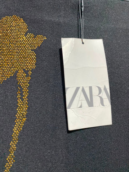 ZARA |S| WAIST 24| A5| BLACK KNIT MIDI SKIRT WITH GOLD RHINESTONE FLORAL EMBELLISHMENT