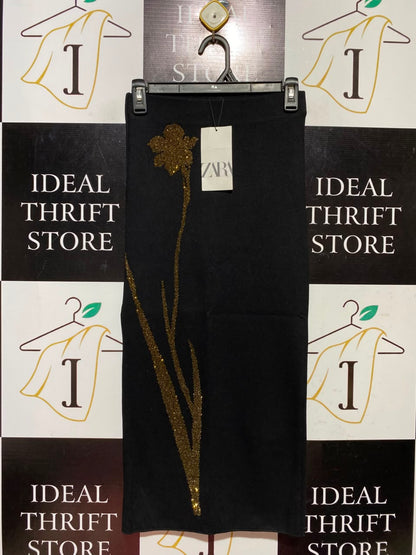 ZARA |S| WAIST 24| A5| BLACK KNIT MIDI SKIRT WITH GOLD RHINESTONE FLORAL EMBELLISHMENT
