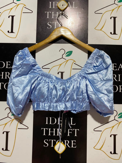 PRETTYLITTLE THING |XS| BUST 13| A5| BABY BLUE SATIN PUFF-SLEEVE CROP TOP - LACE-UP FRONT CORSET TOP