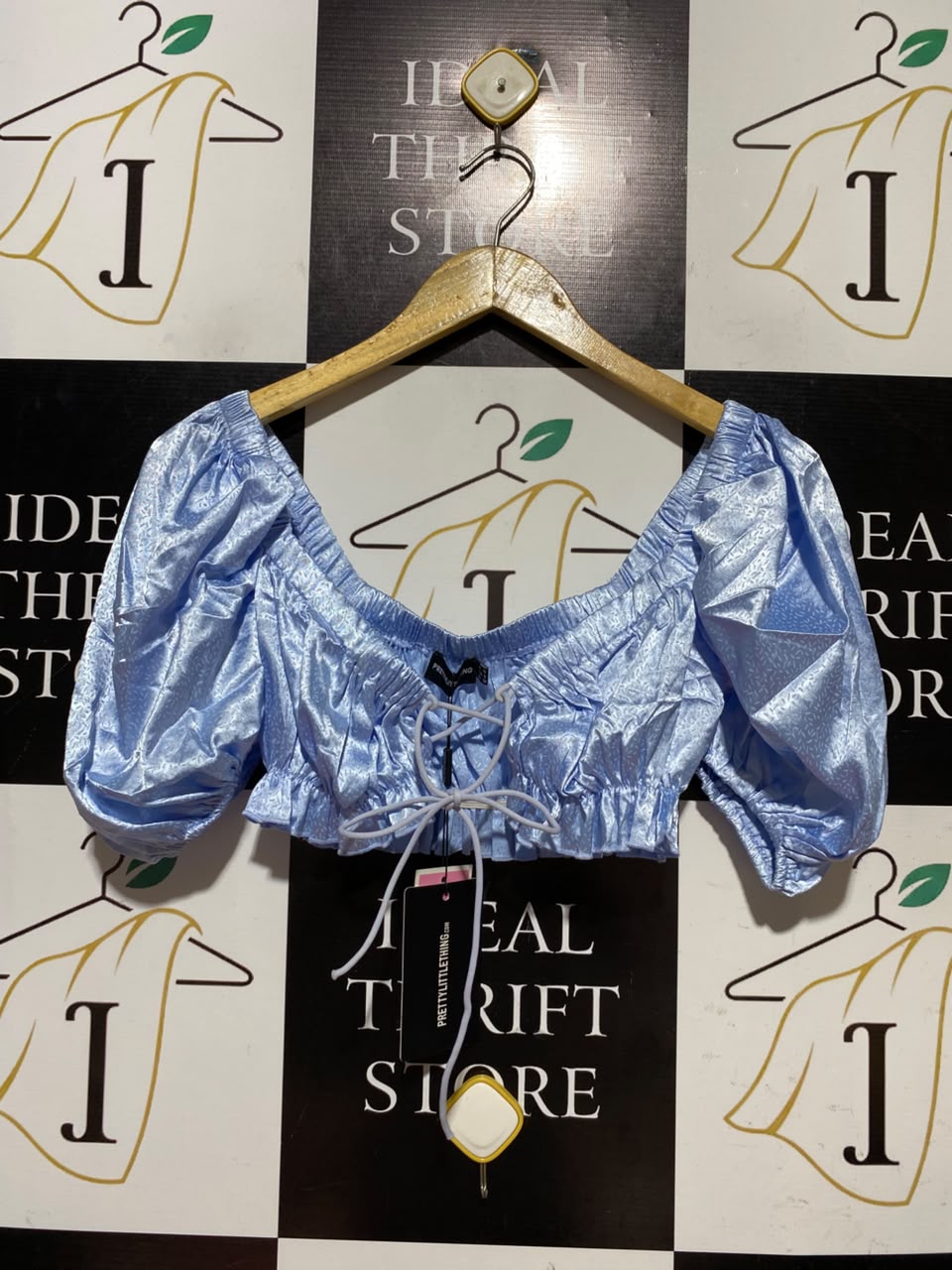 PRETTYLITTLE THING |XS| BUST 13| A5| BABY BLUE SATIN PUFF-SLEEVE CROP TOP - LACE-UP FRONT CORSET TOP