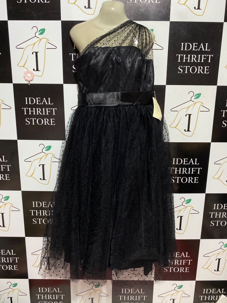 TS COUTURE |M| BUST 18| A5| BLACK ONE-SHOULDER POLKA DOT TULLE PARTY DRESS - SATIN WAISTBAND MIDI EVENING GOWN