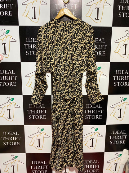 H&M |L| BUST FREE| A5| BLACK & BEIGE ABSTRACT PRINT WRAP MAXI DRESS - V-NECK LONG KIMONO-SLEEVE DRESS
