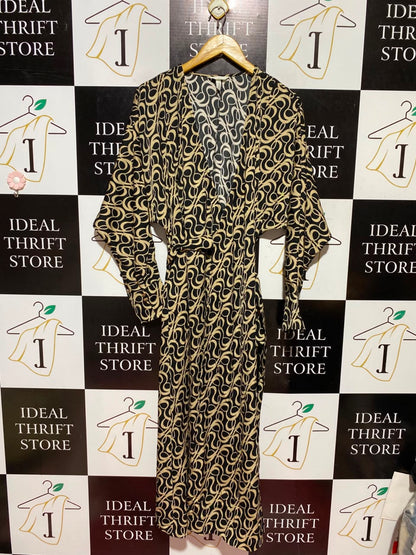 H&M |L| BUST FREE| A5| BLACK & BEIGE ABSTRACT PRINT WRAP MAXI DRESS - V-NECK LONG KIMONO-SLEEVE DRESS