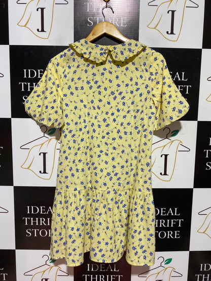 INFLUENCE |M| BUST 18| A5| YELLOW FLORAL PRINT PETER PAN COLLAR SHIFT DRESS - RUFFLED DROP-WAIST MINI DRESS