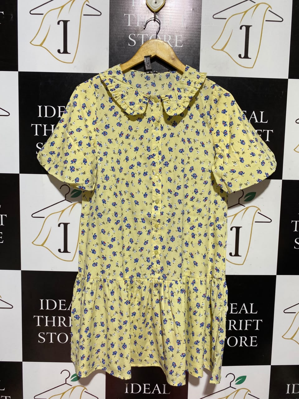 INFLUENCE |M| BUST 18| A5| YELLOW FLORAL PRINT PETER PAN COLLAR SHIFT DRESS - RUFFLED DROP-WAIST MINI DRESS