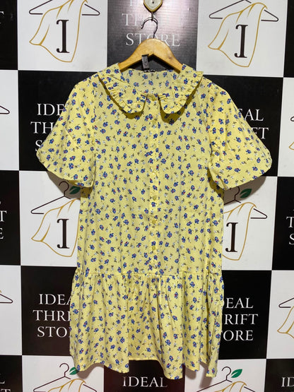 INFLUENCE |M| BUST 18| A5| YELLOW FLORAL PRINT PETER PAN COLLAR SHIFT DRESS - RUFFLED DROP-WAIST MINI DRESS