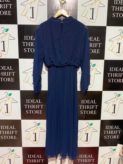 BLUE VANILLA |S| BUST 17| A5| NAVY BLUE CHIFFON HIGH-NECK MAXI DRESS - LONG BALLOON SLEEVED PLEATED EVENING DRESS