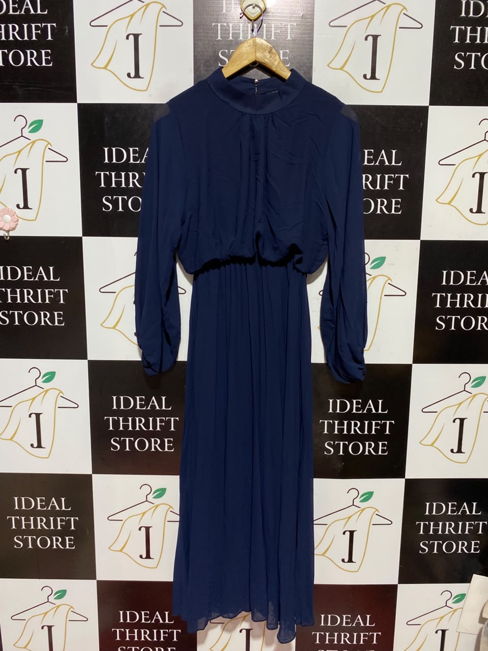 BLUE VANILLA |S| BUST 17| A5| NAVY BLUE CHIFFON HIGH-NECK MAXI DRESS - LONG BALLOON SLEEVED PLEATED EVENING DRESS