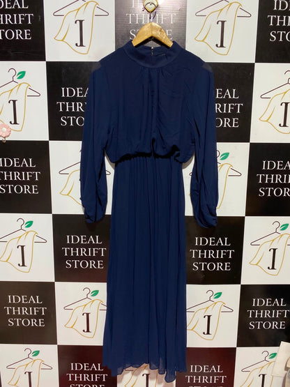 BLUE VANILLA |S| BUST 17| A5| NAVY BLUE CHIFFON HIGH-NECK MAXI DRESS - LONG BALLOON SLEEVED PLEATED EVENING DRESS