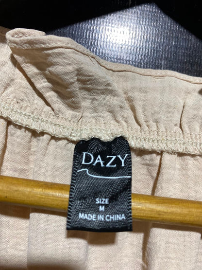 DAZY |M| BUST 18| A5| BEIGE PIN-TUCK & RUFFLE TRIM MAXI DRESS - TIE-NECK LONG-SLEEVE BOHO DRESS