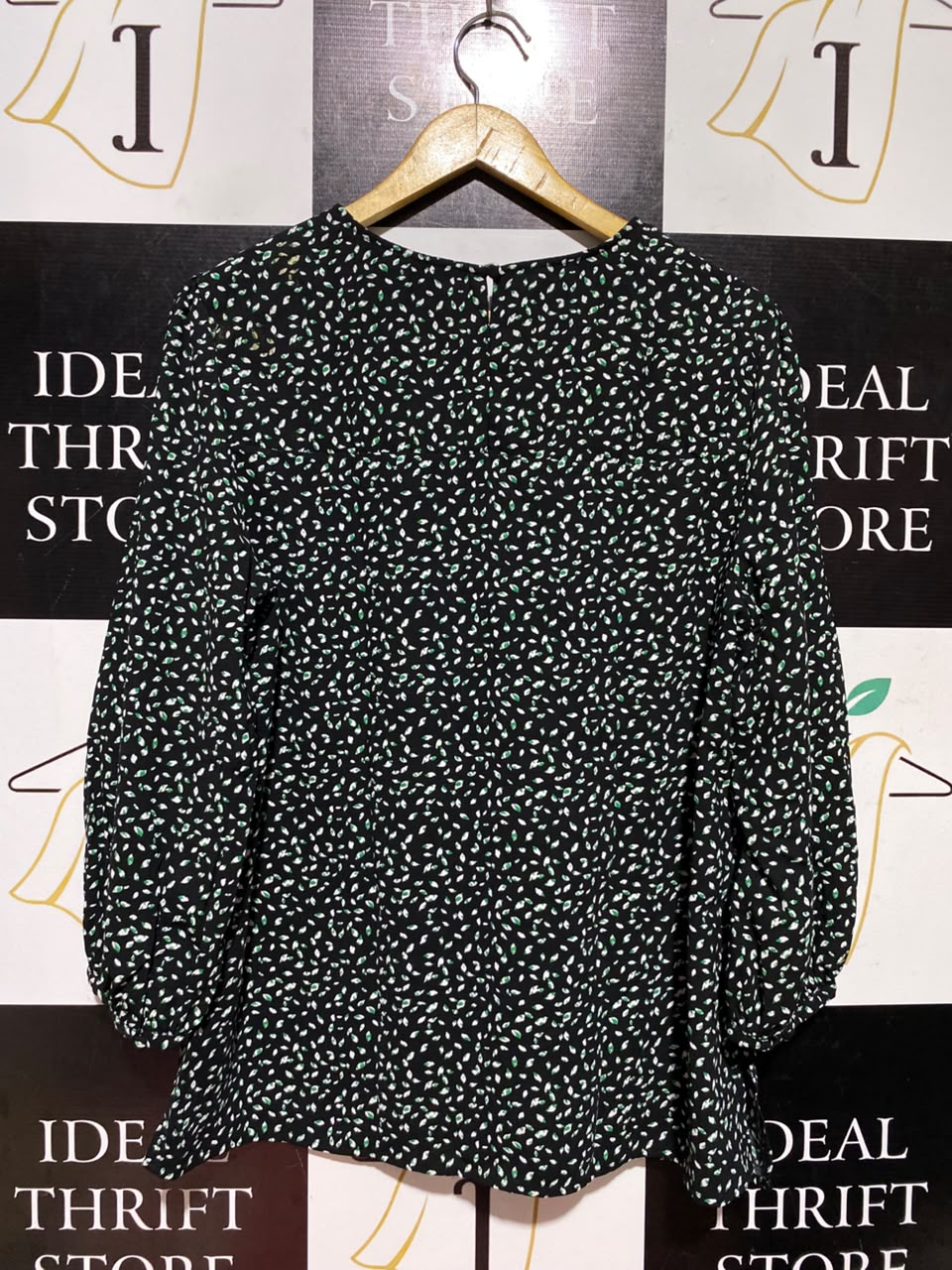 PRINCIPLE |L| BUST 20| A5| BLACK & GREEN SPECKLED PRINT BLOUSE - LONG SLEEVE CREW NECK CASUAL TOP