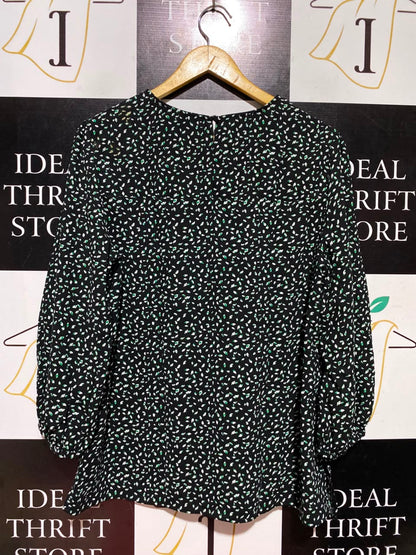 PRINCIPLE |L| BUST 20| A5| BLACK & GREEN SPECKLED PRINT BLOUSE - LONG SLEEVE CREW NECK CASUAL TOP