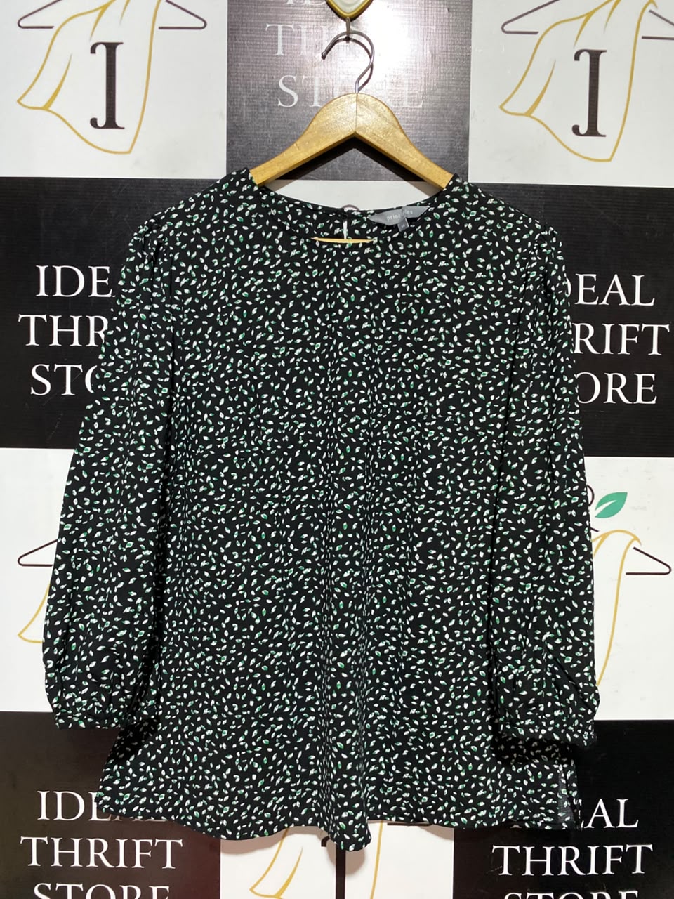 PRINCIPLE |L| BUST 20| A5| BLACK & GREEN SPECKLED PRINT BLOUSE - LONG SLEEVE CREW NECK CASUAL TOP