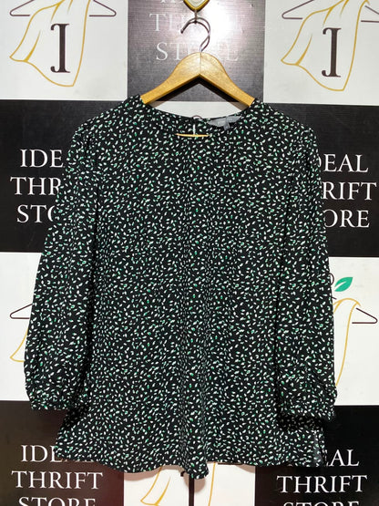 PRINCIPLE |L| BUST 20| A5| BLACK & GREEN SPECKLED PRINT BLOUSE - LONG SLEEVE CREW NECK CASUAL TOP