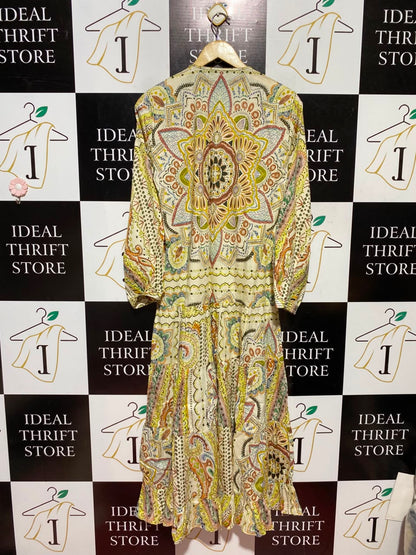 ZARA |M| BUST 18| A5| MULTICOLOR MANDALA PRINT TIERED MIDI DRESS - BOHO V-NECK LONG SLEEVE DRESS