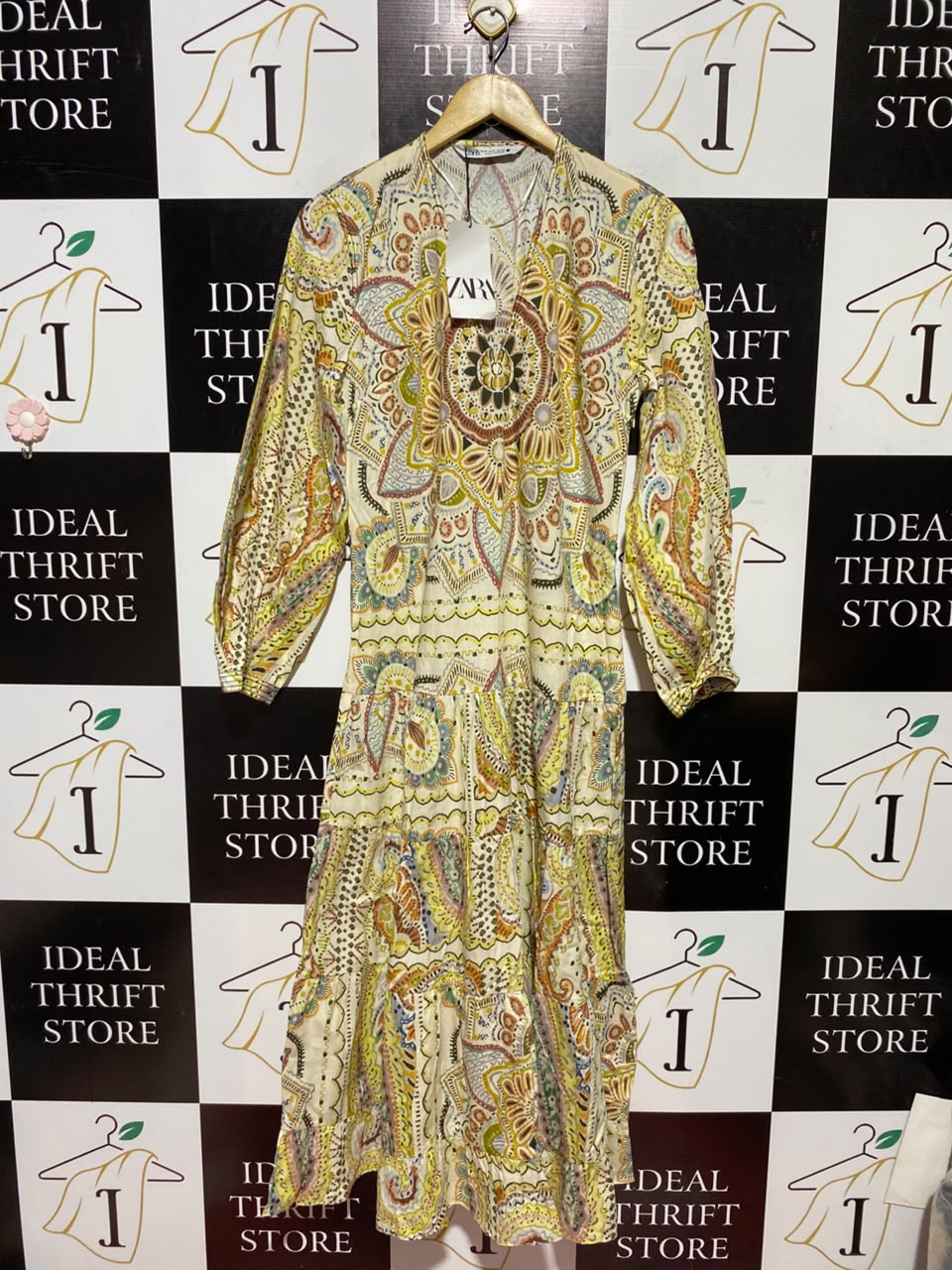 ZARA |M| BUST 18| A5| MULTICOLOR MANDALA PRINT TIERED MIDI DRESS - BOHO V-NECK LONG SLEEVE DRESS