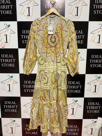 ZARA |M| BUST 18| A5| MULTICOLOR MANDALA PRINT TIERED MIDI DRESS - BOHO V-NECK LONG SLEEVE DRESS