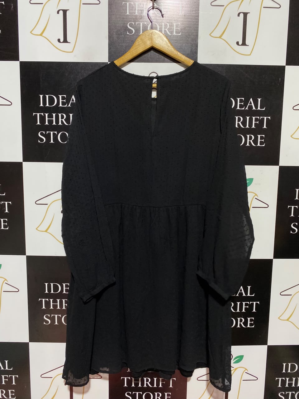 GEORGE |L| BUST 21| A5| BLACK FLORAL EMBROIDERED MINI DRESS - LONG SLEEVE JACQUARD SWISS DOT DRESS