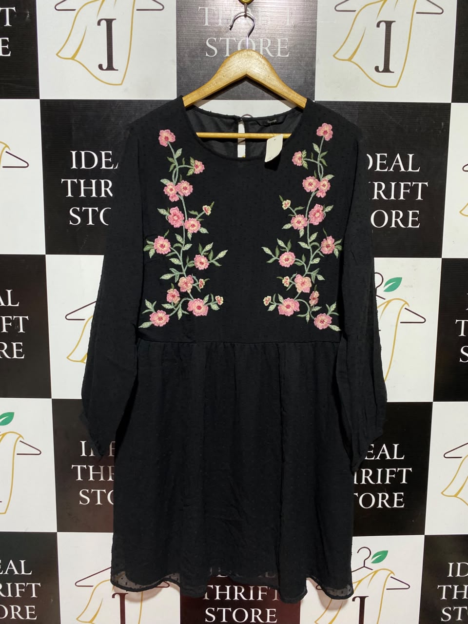 GEORGE |L| BUST 21| A5| BLACK FLORAL EMBROIDERED MINI DRESS - LONG SLEEVE JACQUARD SWISS DOT DRESS