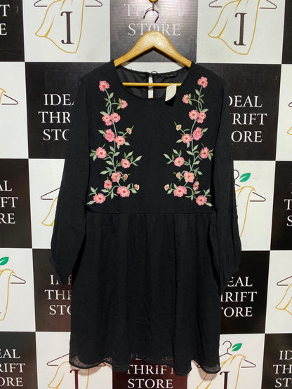 GEORGE |L| BUST 21| A5| BLACK FLORAL EMBROIDERED MINI DRESS - LONG SLEEVE JACQUARD SWISS DOT DRESS