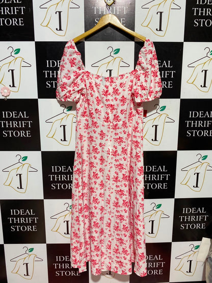 SHEIN |XL| BUST 18| A5| PINK FLORAL PRINT MILKMAID MIDI DRESS - PUFF SLEEVE SWEETHEART DRESS