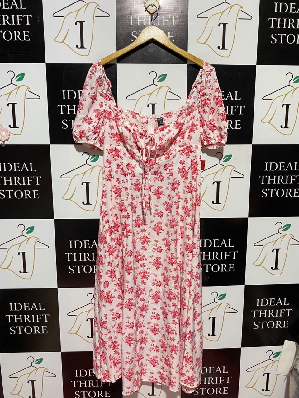 SHEIN |XL| BUST 18| A5| PINK FLORAL PRINT MILKMAID MIDI DRESS - PUFF SLEEVE SWEETHEART DRESS