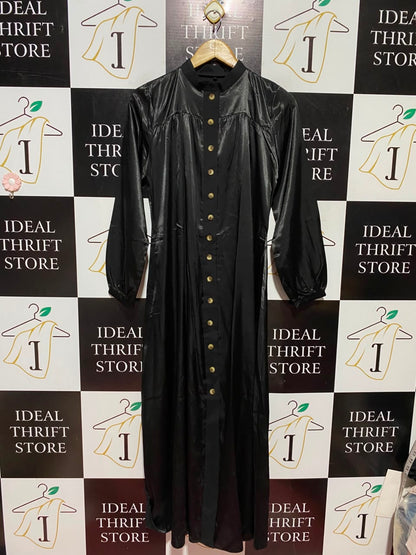 |M| BUST 18| A5| BLACK SHIMMER SATIN BUTTON-FRONT MAXI DRESS - HIGH-NECK LONG SLEEVE EVENING GOWN