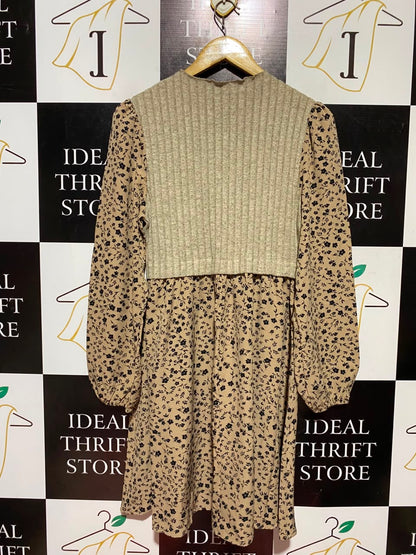SHEIN |L| BUST 16| A5| BEIGE FLORAL PRINT 2-IN-1 KNIT VEST MINI DRESS - LONG SLEEVE LAYERED LOOK DRESS
