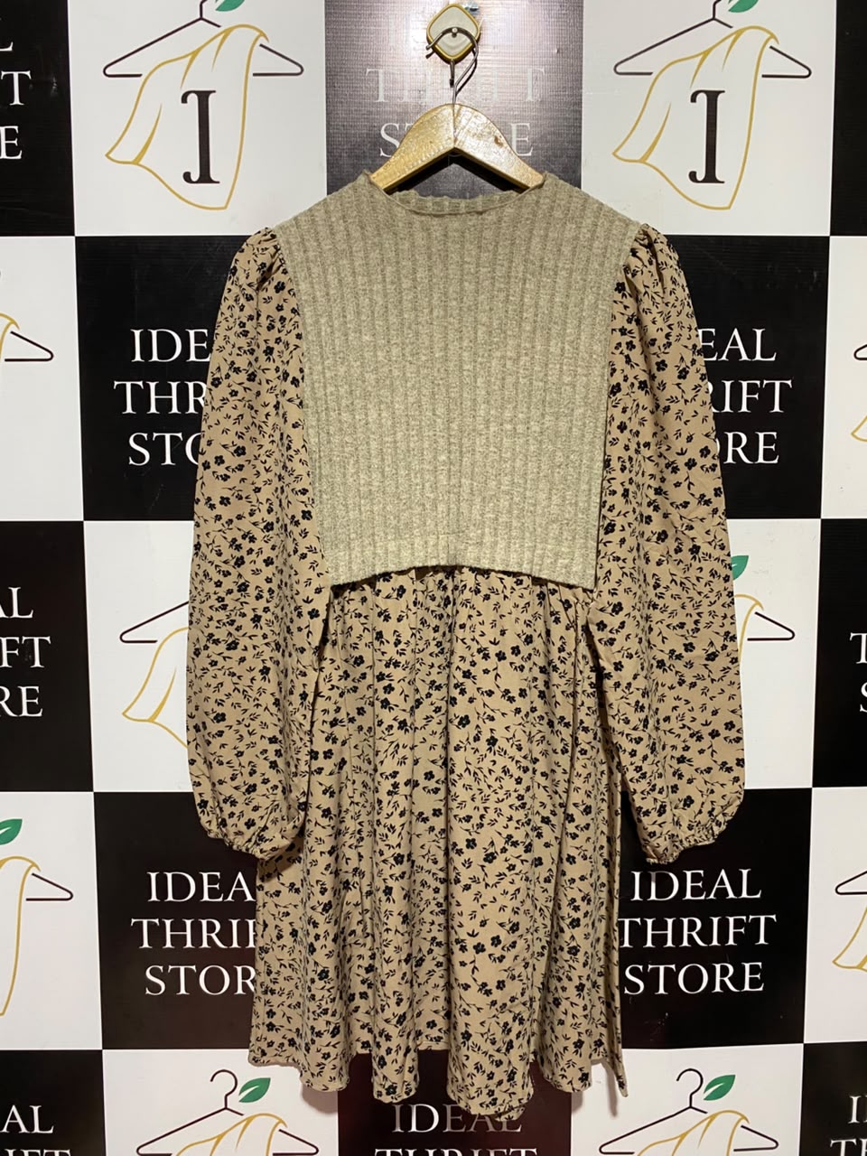 SHEIN |L| BUST 16| A5| BEIGE FLORAL PRINT 2-IN-1 KNIT VEST MINI DRESS - LONG SLEEVE LAYERED LOOK DRESS