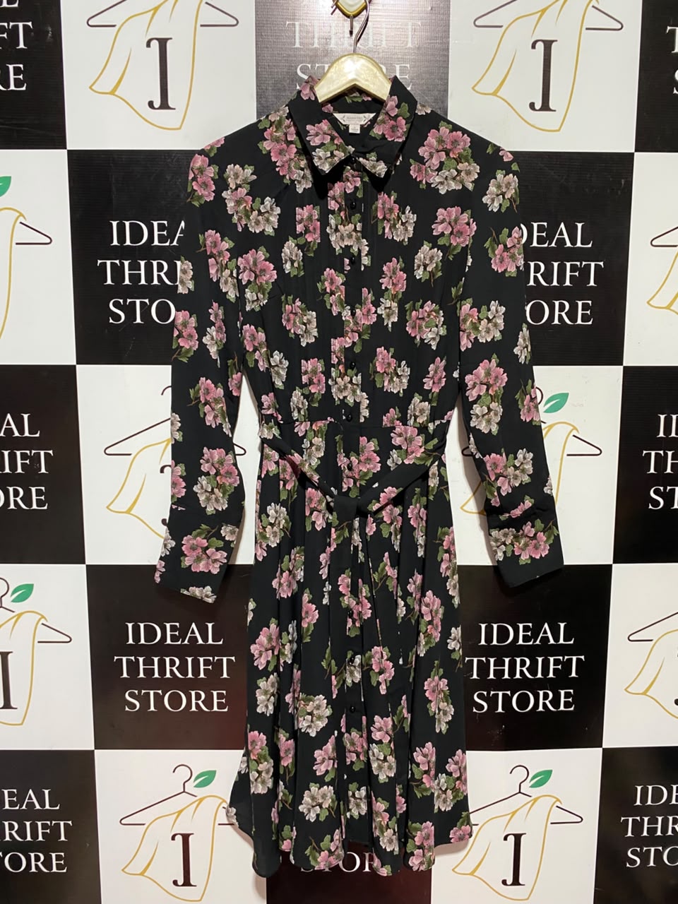 NANETTE |M| BUST 17| A5| BLACK PINK FLORAL BELTED SHIRT DRESS - PIN-TUCK LONG SLEEVE MIDI DRESS