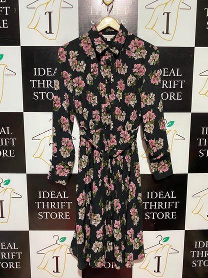 NANETTE |M| BUST 17| A5| BLACK PINK FLORAL BELTED SHIRT DRESS - PIN-TUCK LONG SLEEVE MIDI DRESS