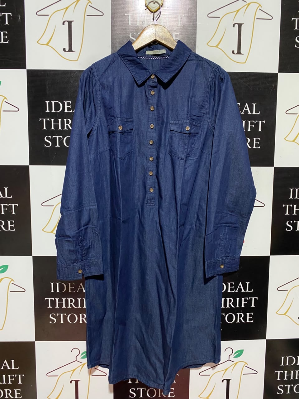 GEORGE |L| BUST 22| A5| DARK BLUE DENIM BUTTON-FRONT SHIRT DRESS - LONG SLEEVE CASUAL MID-LENGTH TUNIC DRESS