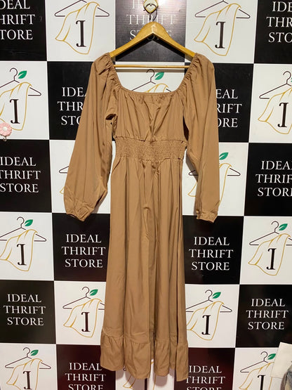 |S| BUST 15| A5| CAMEL BROWN SQUARE-NECK SMOCKED MAXI DRESS - LONG SLEEVE BOHO RUFFLE-HEM DRESS