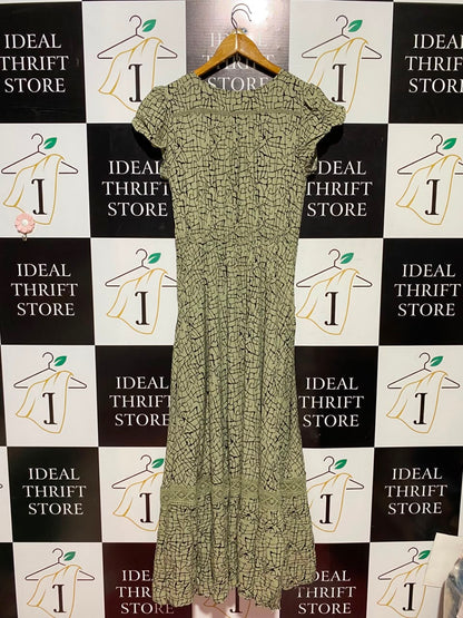 |M| BUST 16| A5| OLIVE GREEN ABSTRACT PRINT MAXI DRESS - LACE TRIM BUTTON-FRONT CAP-SLEEVE DRESS