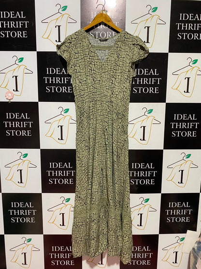 |M| BUST 16| A5| OLIVE GREEN ABSTRACT PRINT MAXI DRESS - LACE TRIM BUTTON-FRONT CAP-SLEEVE DRESS