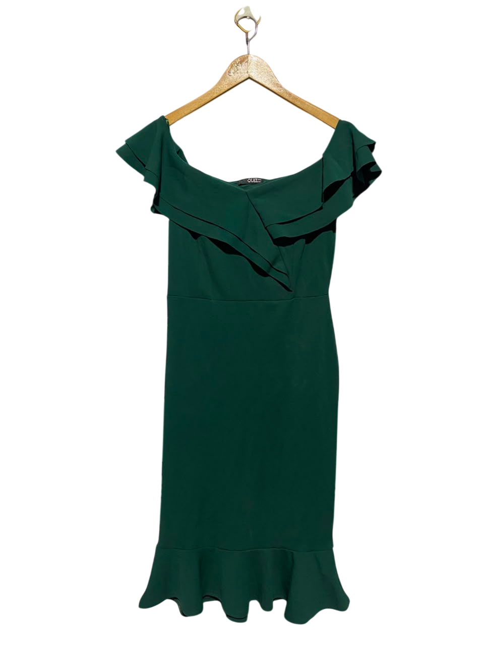 QUIZ |M| BUST 16| A6| EMERALD GREEN OFF-THE-SHOULDER RUFFLE MIDI DRESS
