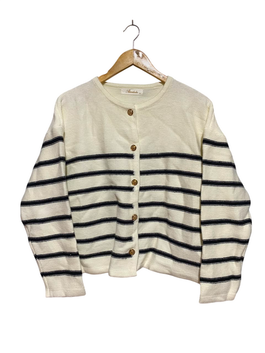 ALICEDUDU |XL| BUST 22| A6| CREAM & NAVY STRIPED KNIT CARDIGAN - GOLD BUTTON LONG SLEEVE SWEATER