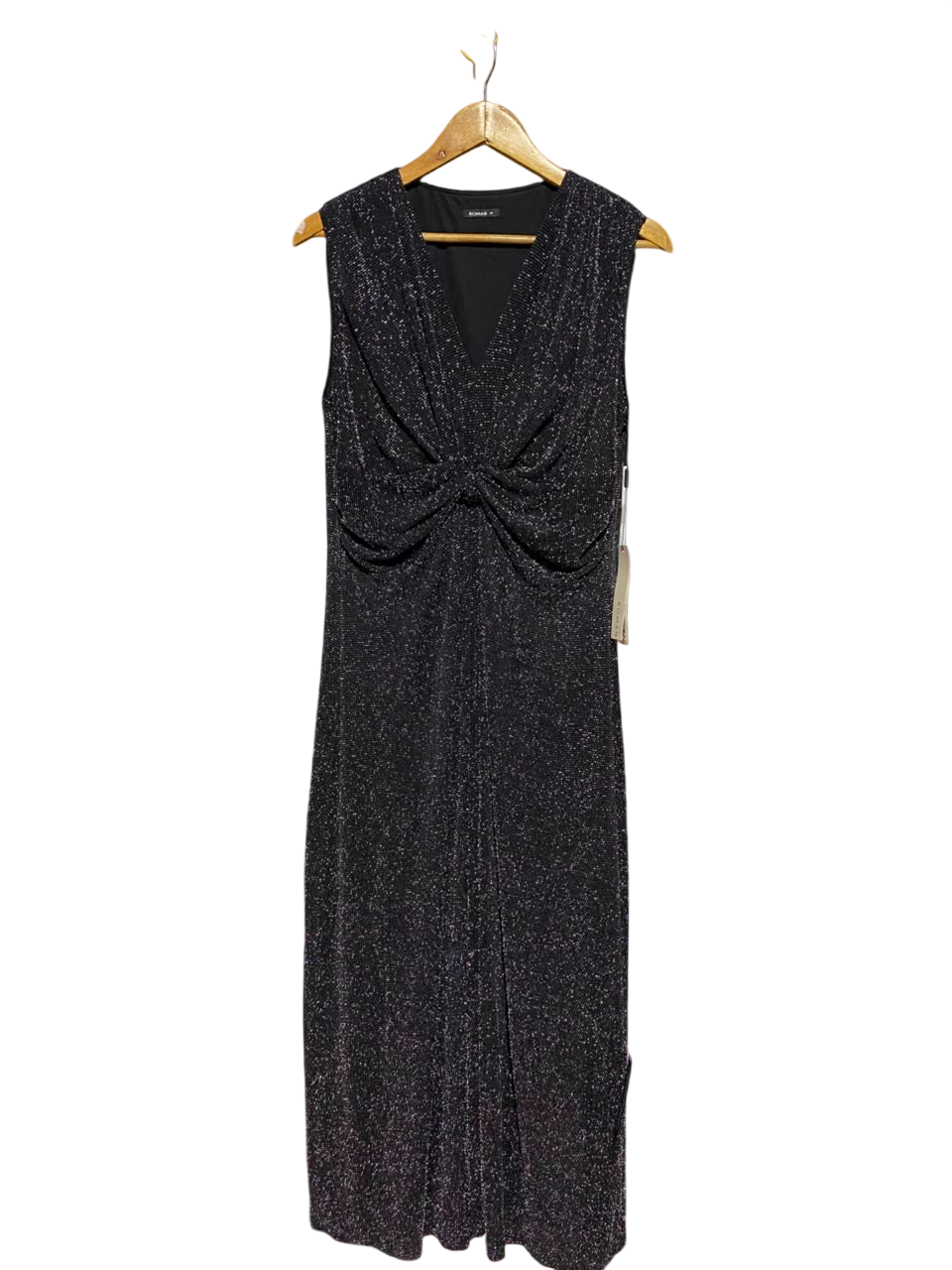 ROMAN |L| BUST 19| A6| BLACK SHIMMER METALLIC MIDI DRESS - TWIST FRONT SLEEVELESS PARTY DRESS