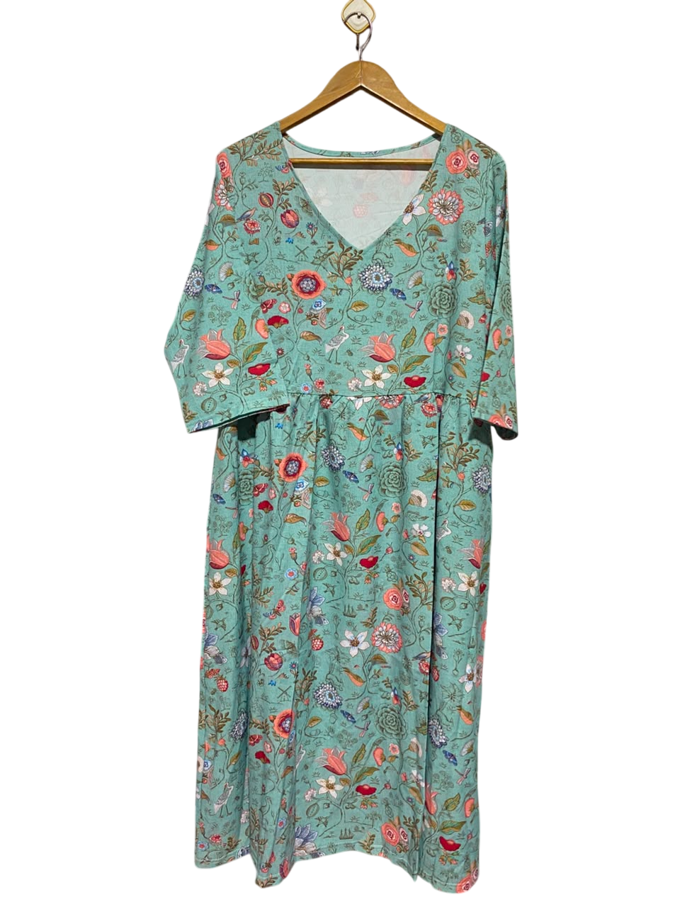 |L| BUST 23| A6| SAGE GREEN BOTANICAL FLORAL PRINT MIDI DRESS - V-NECK
