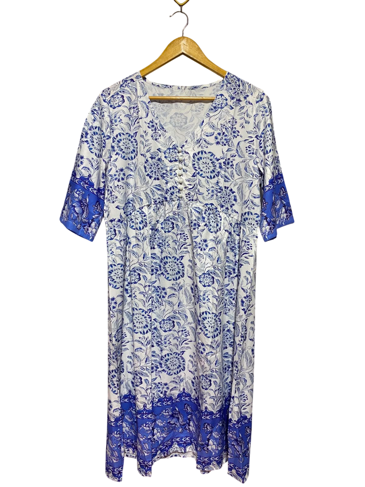|L| BUST 21| A6| BLUE & WHITE FLORAL PRINT V-NECK MIDI DRESS