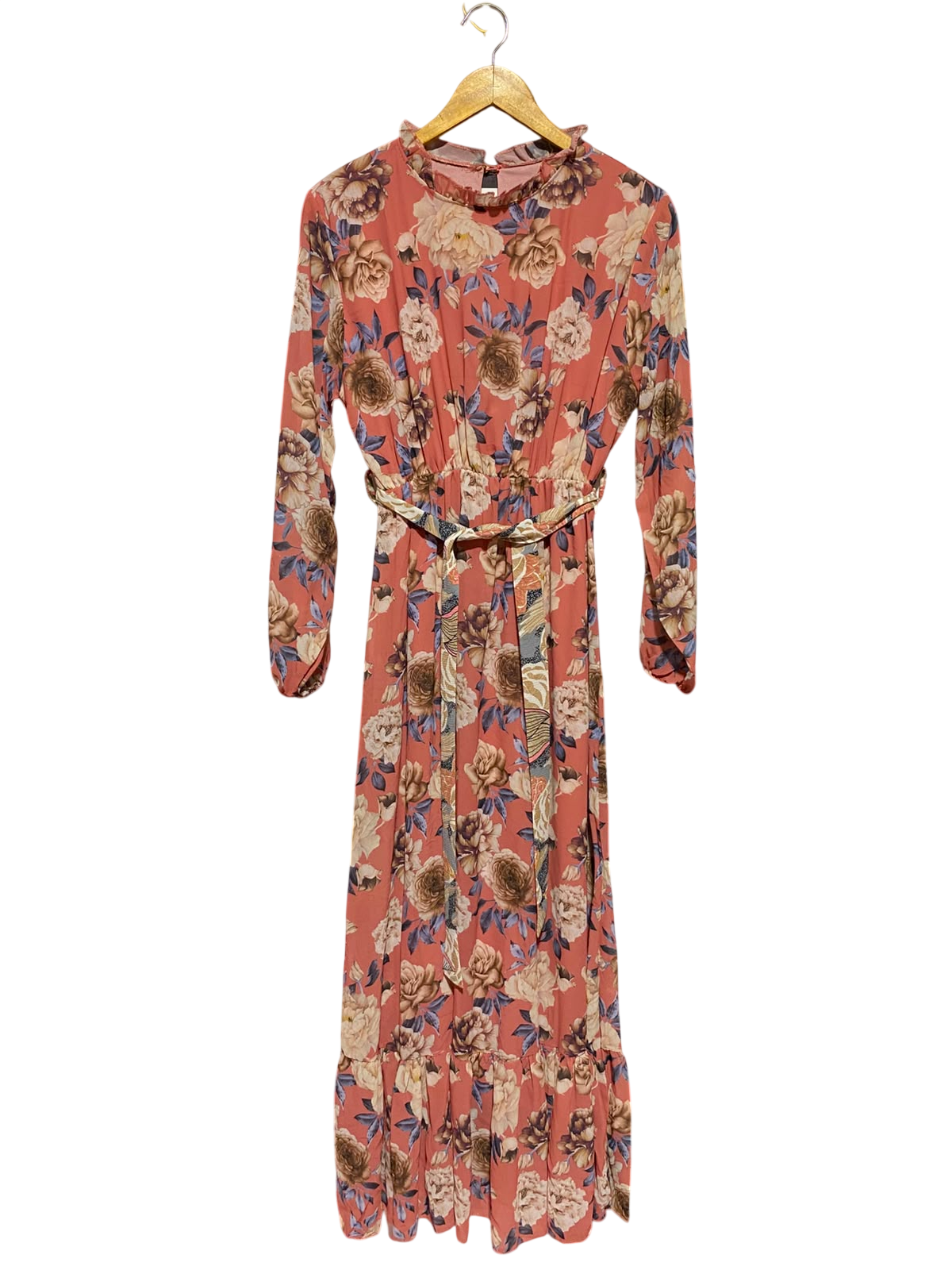 |S| BUST 16| A6| CORAL FLORAL PRINT HIGH-NECK MAXI DRESS
