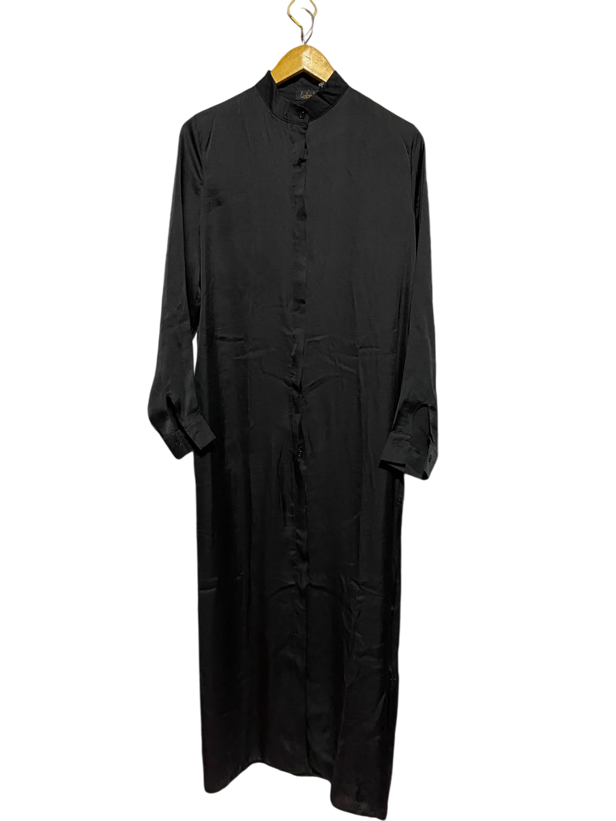 ZADINA |L| BUST 21| A6| SOLID BLACK SATIN BUTTON-DOWN MAXI SHIRT DRESS