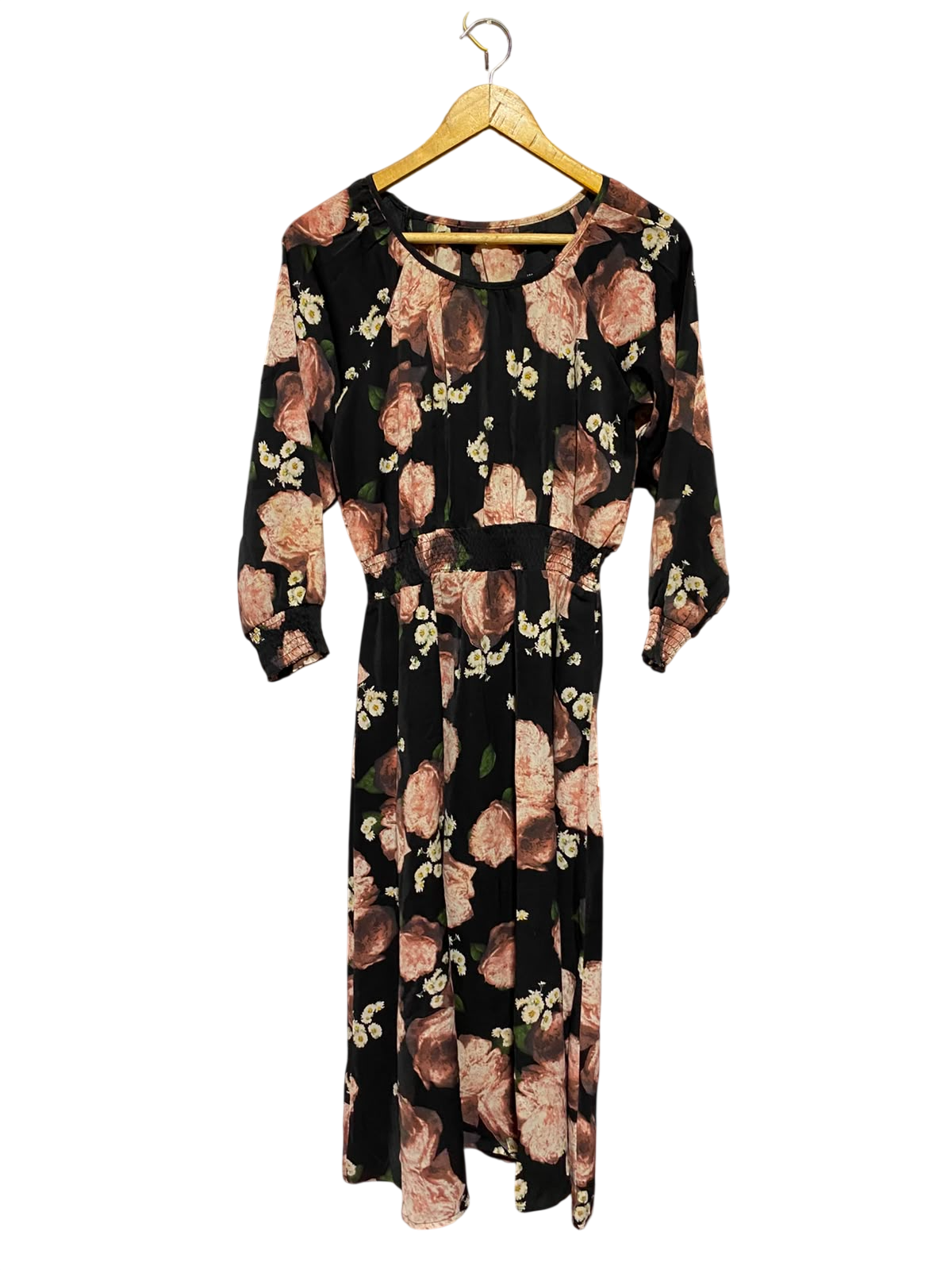 |M| BUST 17| A6| BLACK FLORAL PRINT SMOCKED WAIST MAXI DRESS