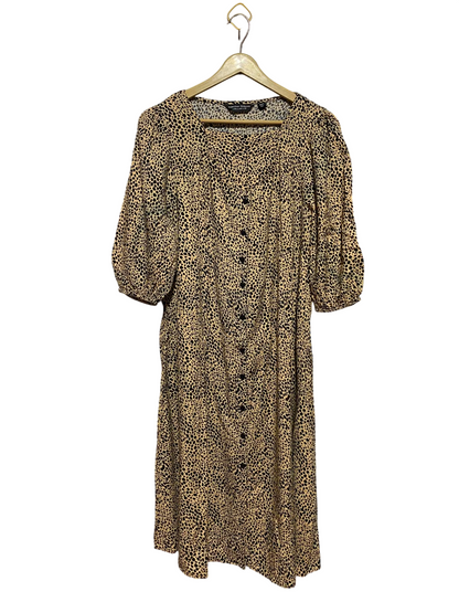 DOROTHY PERKINS |M| BUST 21| A6| BEIGE ANIMAL PRINT PUFF SLEEVE MIDI DRESS - BUTTON-FRONT CASUAL DRESS