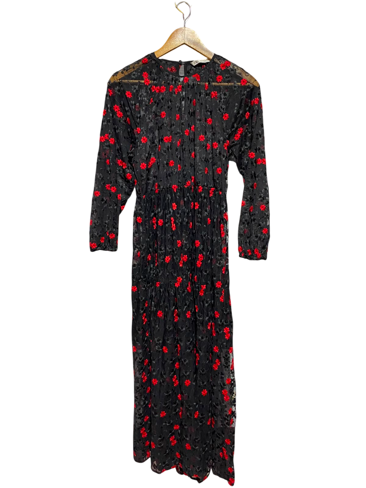 ZARA |XS| BUST 18| A6| BLACK FLORAL EMBROIDERED MESH MAXI DRESS
